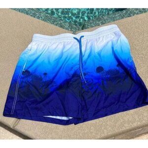 Blueport Mens XL Gradient Blue Swim Trunks With Ocean Print Elastic Waistband